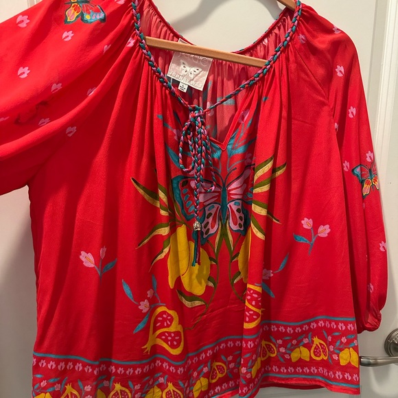 Johnny Was Red Blouse with Butterfly and Floral Design